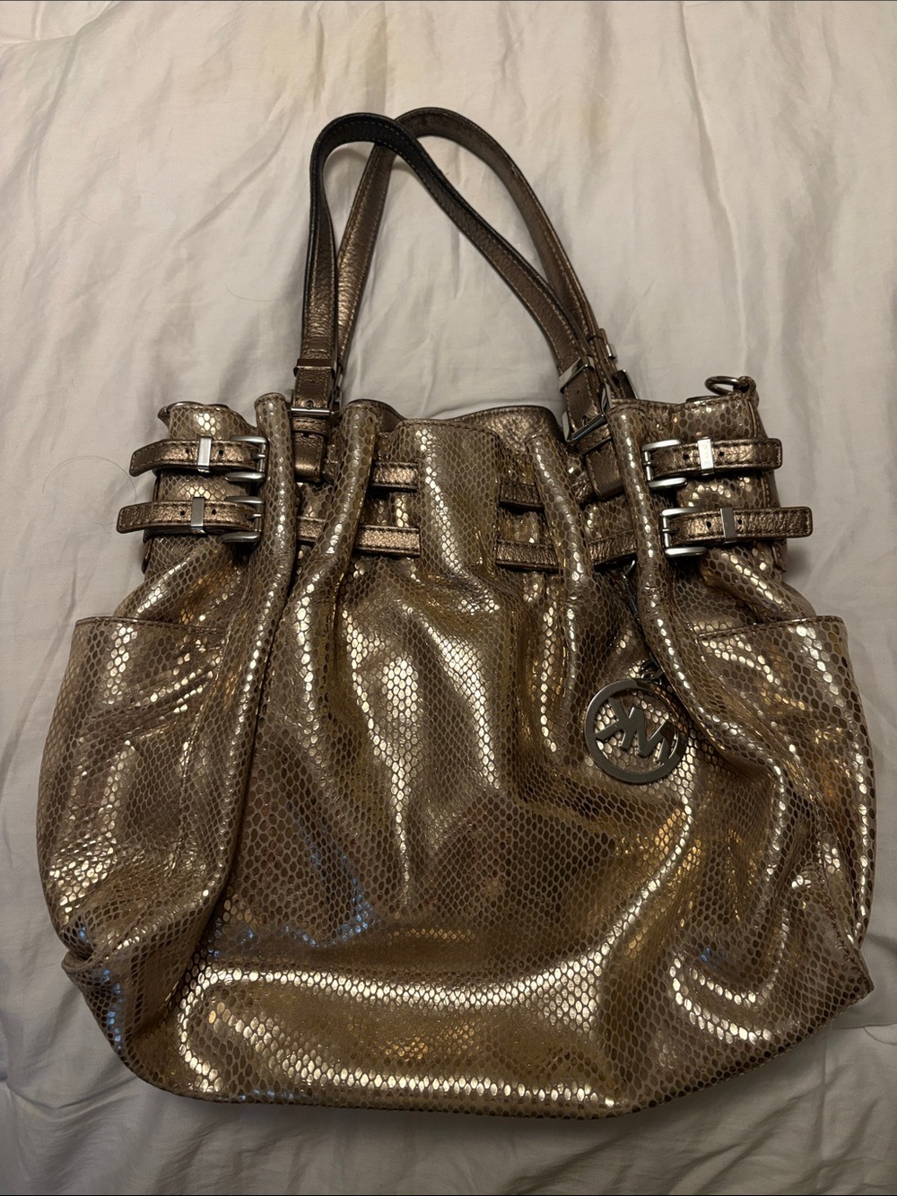 Michael Kors Metallic Bronze Snake-Effect Shoulder Bag